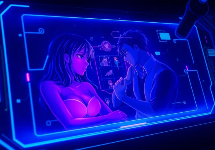 Futuristic AI chat interface with anime and realistic characters in an immersive digital environment.