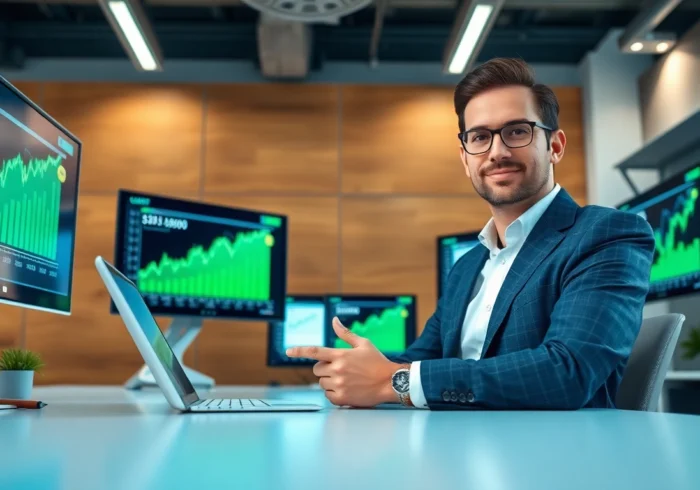 A professional workspace with screens showing financial graphs and cash app interfaces, highlighting digital finance activity.