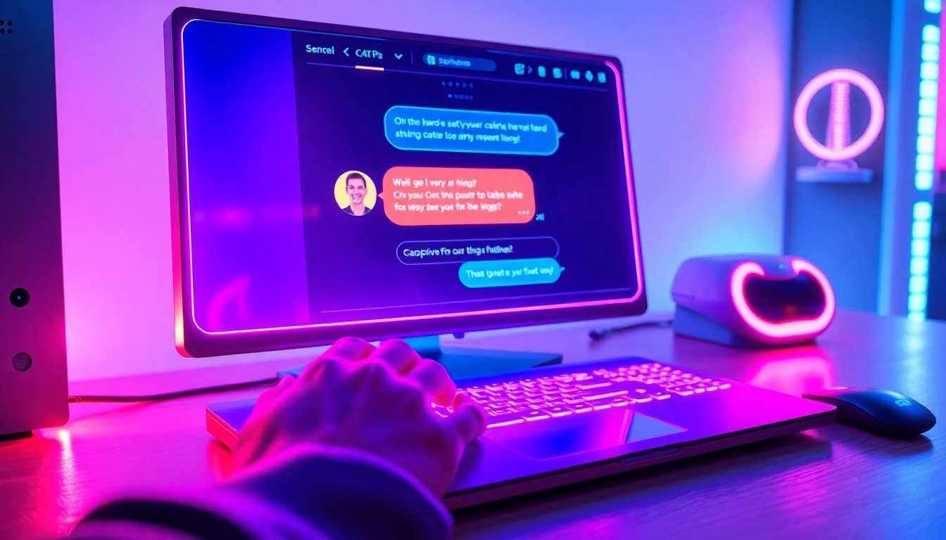 A futuristic computer setup with a glowing chat interface displaying AI conversation in a cyberpunk style.