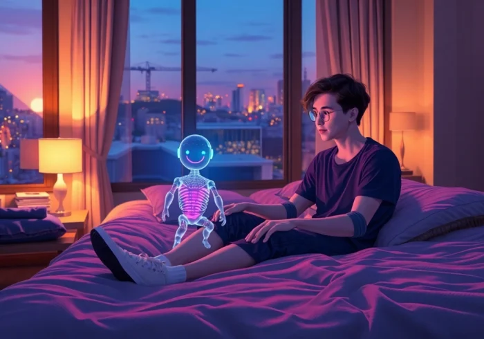 A person interacting with a holographic AI character in a cozy bedroom at dusk, with city lights outside the window.