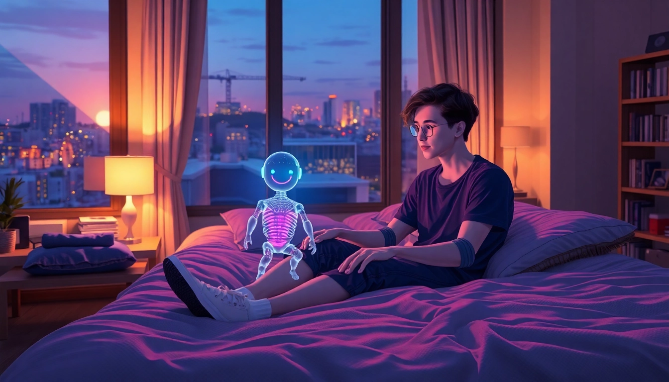 A person interacting with a holographic AI character in a cozy bedroom at dusk, with city lights outside the window.