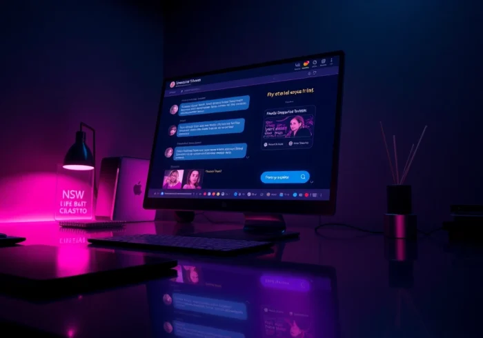 Close-up of a computer screen showcasing a NSFW AI chat interface with neon accents and reflective surface.