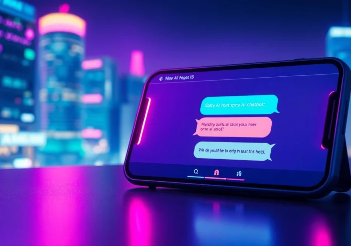 Futuristic digital chat interface with neon cityscape in the background, highlighting spicy AI conversation bubbles on a sleek device screen.
