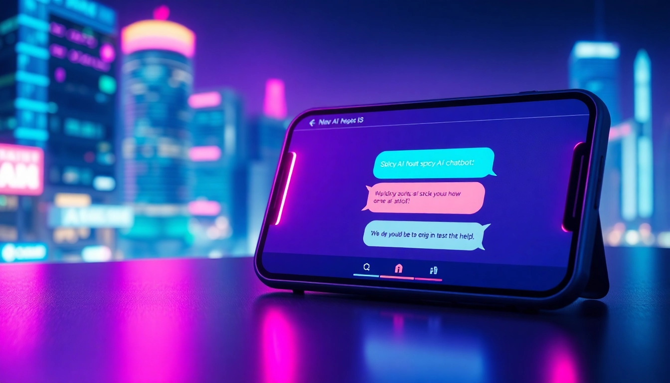 Futuristic digital chat interface with neon cityscape in the background, highlighting spicy AI conversation bubbles on a sleek device screen.