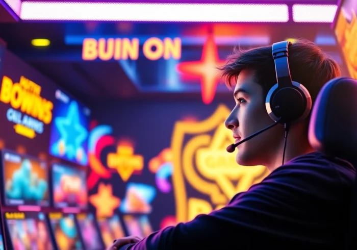 A modern online gaming platform interface with vibrant lights and a gamer in action.