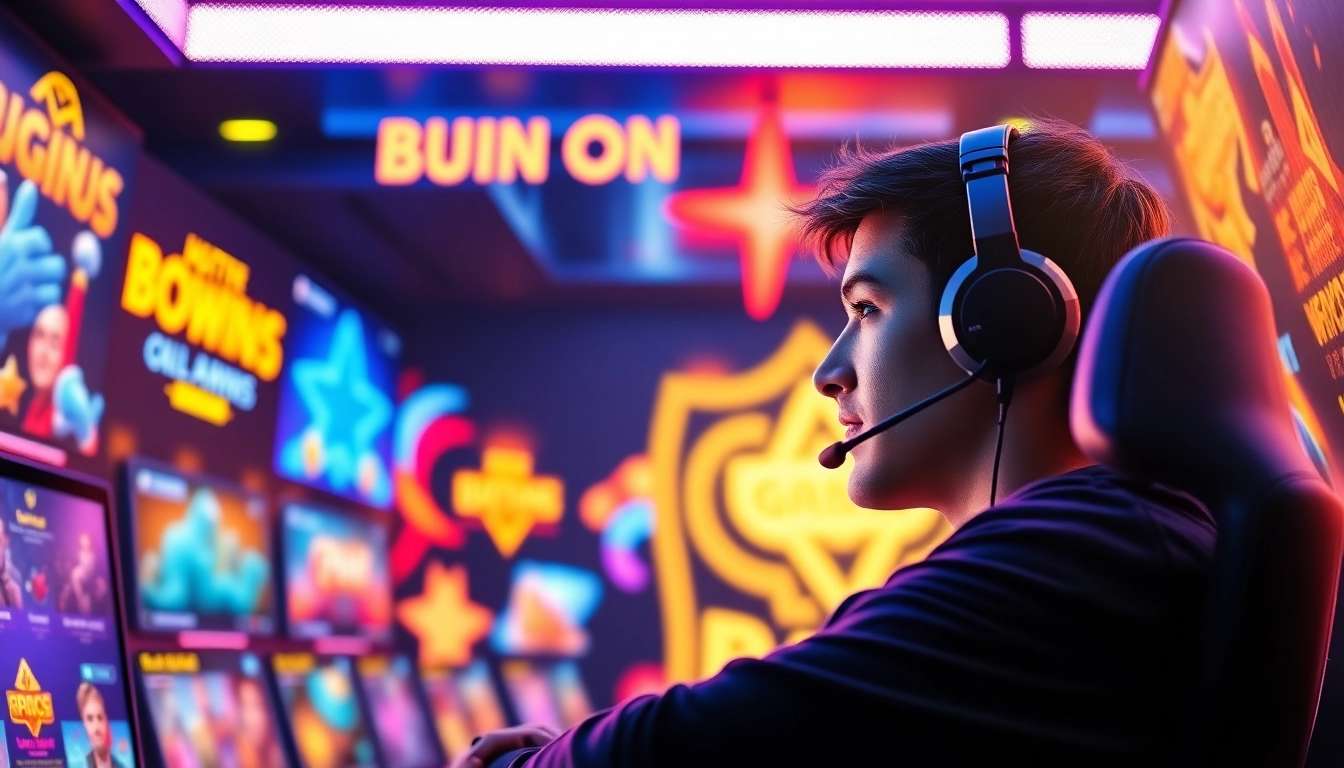 A modern online gaming platform interface with vibrant lights and a gamer in action.