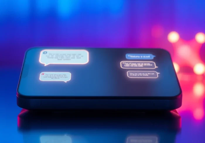 Futuristic digital chat interface with glowing conversation bubbles on a sleek device, set in a high-tech environment.