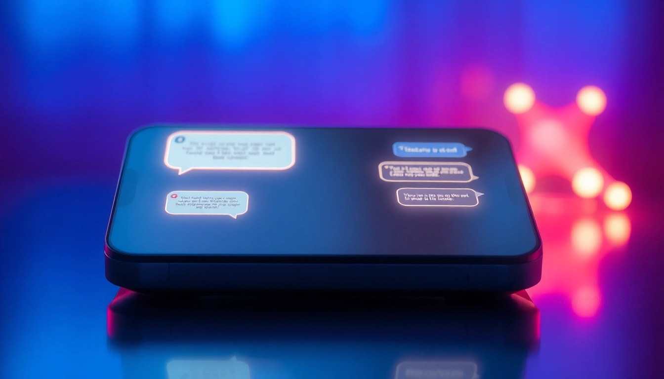 Futuristic digital chat interface with glowing conversation bubbles on a sleek device, set in a high-tech environment.