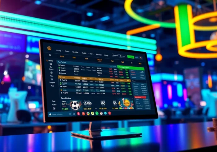Digital sportsbook and casino interface with neon lights and betting odds