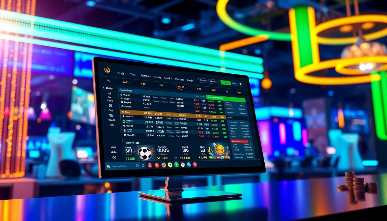Digital sportsbook and casino interface with neon lights and betting odds