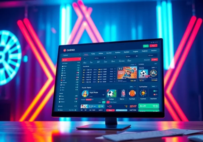 Digital illustration of an online sportsbook and casino interface with colorful sports icons and betting odds, glowing neon lights, and a dynamic, energetic atmosphere.