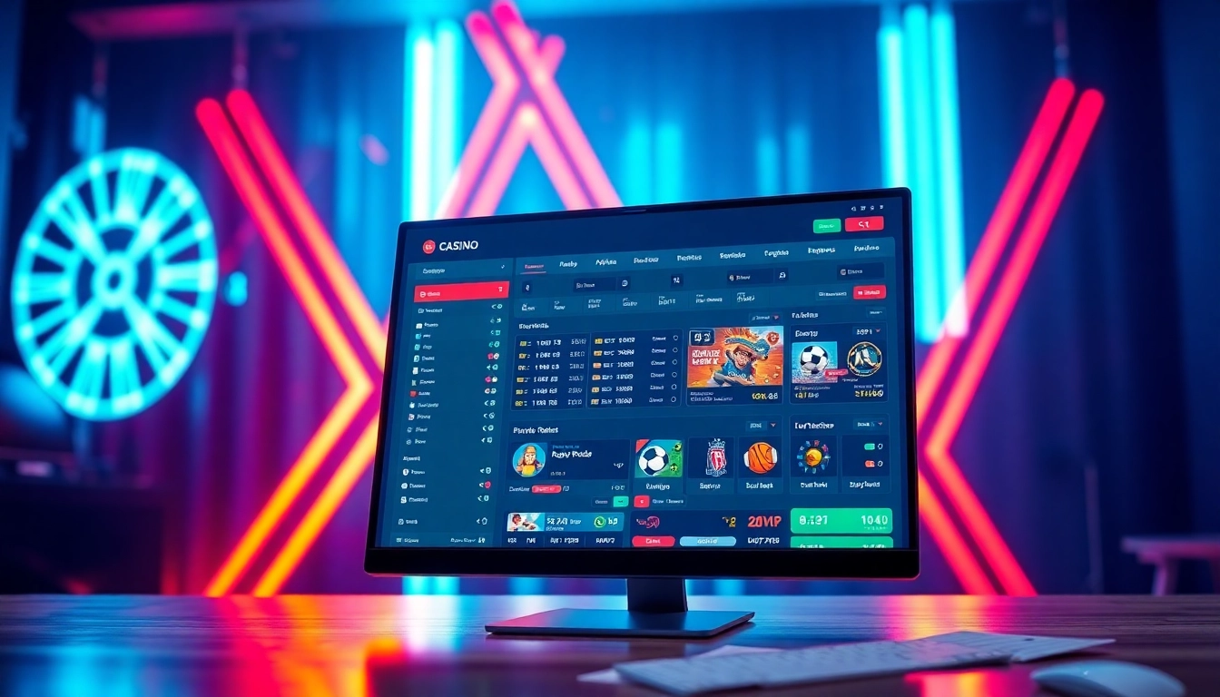 Digital illustration of an online sportsbook and casino interface with colorful sports icons and betting odds, glowing neon lights, and a dynamic, energetic atmosphere.