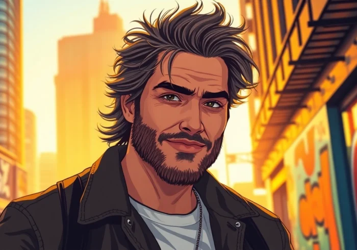 A confident man in casual urban clothing standing in a cityscape during golden hour.