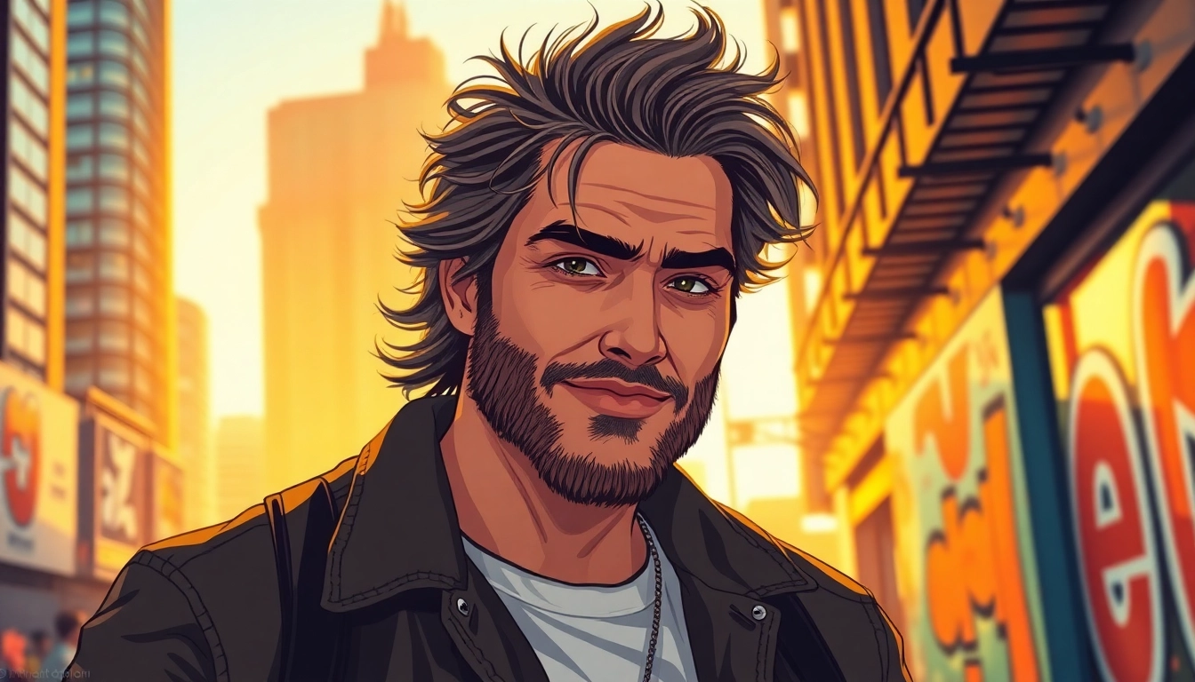 A confident man in casual urban clothing standing in a cityscape during golden hour.