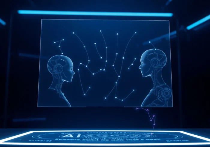 Futuristic AI interface with holographic displays and digital connections in a high-tech environment.