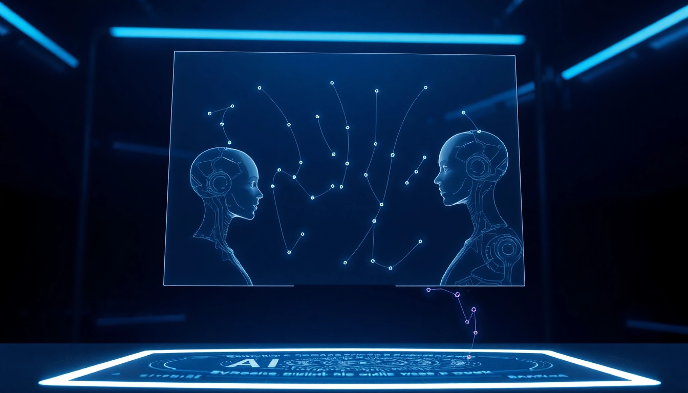 Futuristic AI interface with holographic displays and digital connections in a high-tech environment.