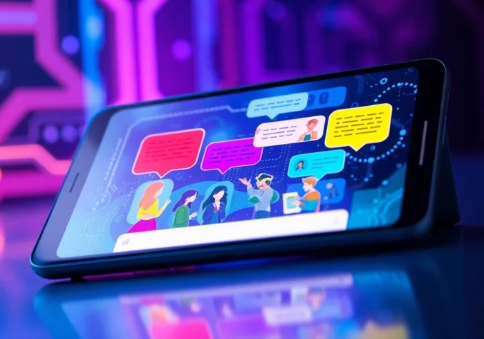 Futuristic AI chatbot interface on a modern device with colorful chat bubbles and a high-tech background