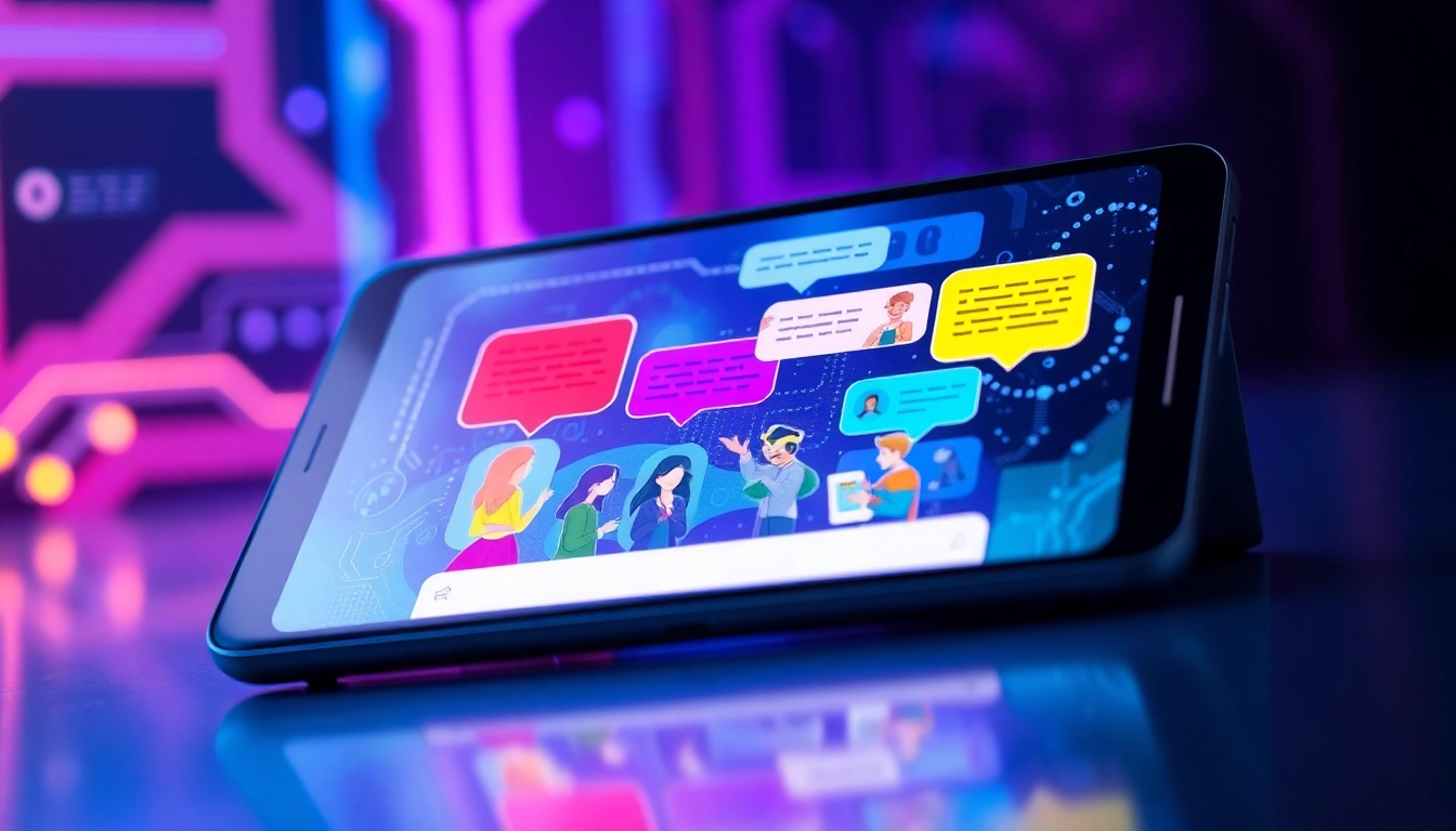 Futuristic AI chatbot interface on a modern device with colorful chat bubbles and a high-tech background