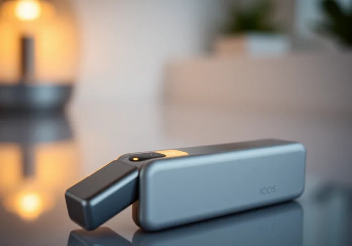 IQOS ILUMA device being used with glowing induction heating in a contemporary setting to showcase advanced heated tobacco technology.