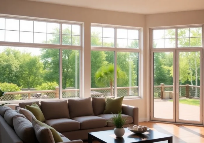 Sunlit living room features Replacement Windows with energy-efficient frames.