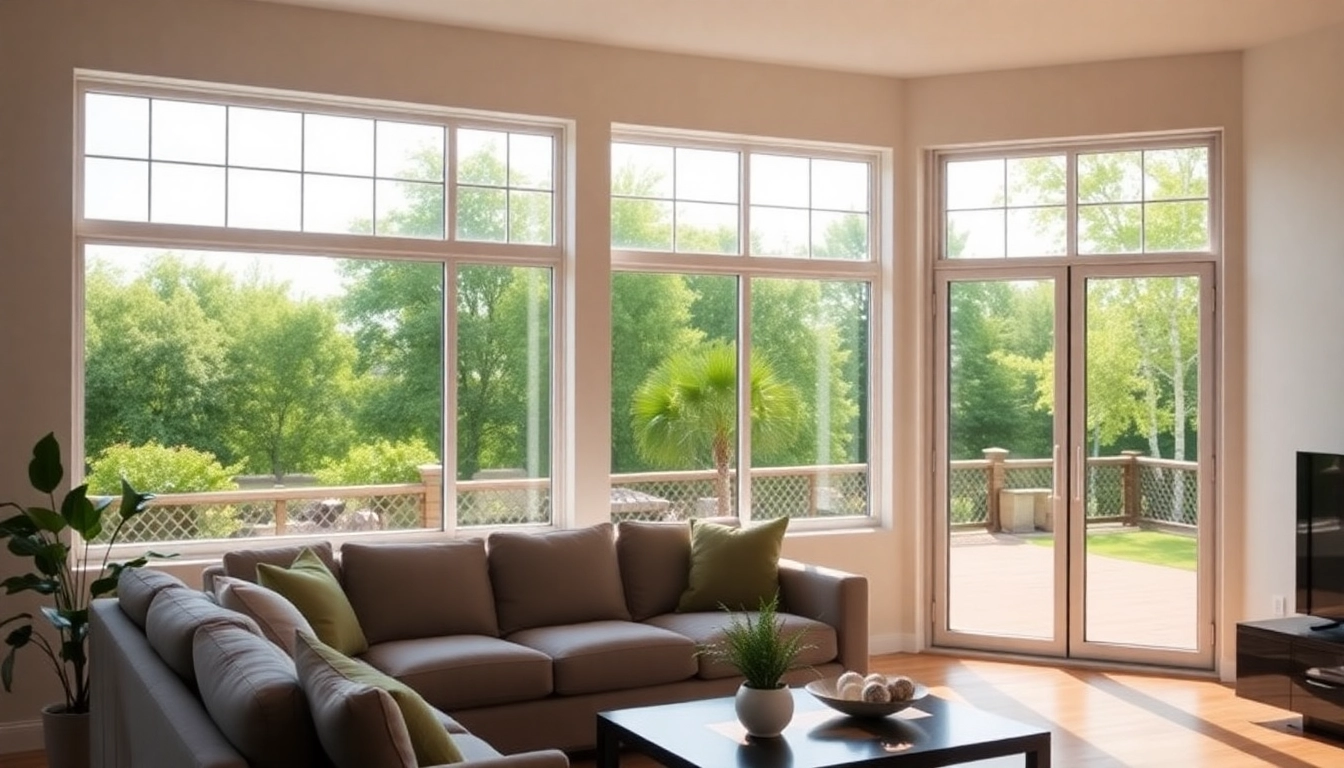 Sunlit living room features Replacement Windows with energy-efficient frames.
