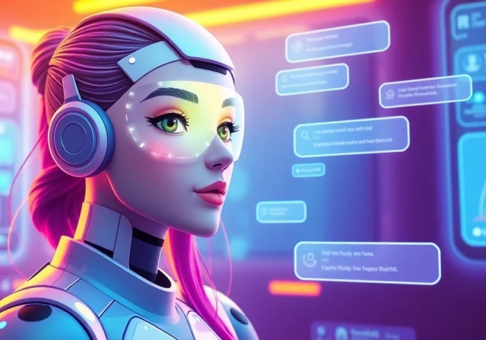 AI girlfriend surrounded by sleek UI, highlighting personalized chat options, emphasizing realistic and unfiltered interactions for 2025 users.