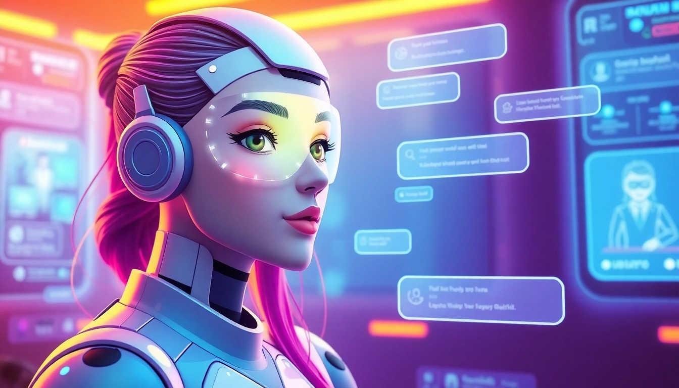 AI girlfriend surrounded by sleek UI, highlighting personalized chat options, emphasizing realistic and unfiltered interactions for 2025 users.