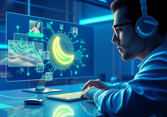 Futuristic workspace with holographic image editing powered by Nano Banana AI.