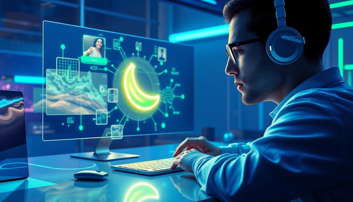 Futuristic workspace with holographic image editing powered by Nano Banana AI.