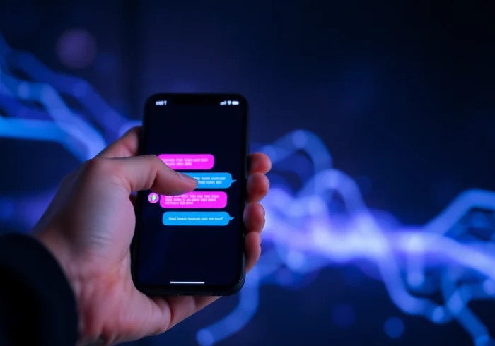 A person using a smartphone with a chatbot conversation on a dark digital interface, surrounded by futuristic glowing patterns.