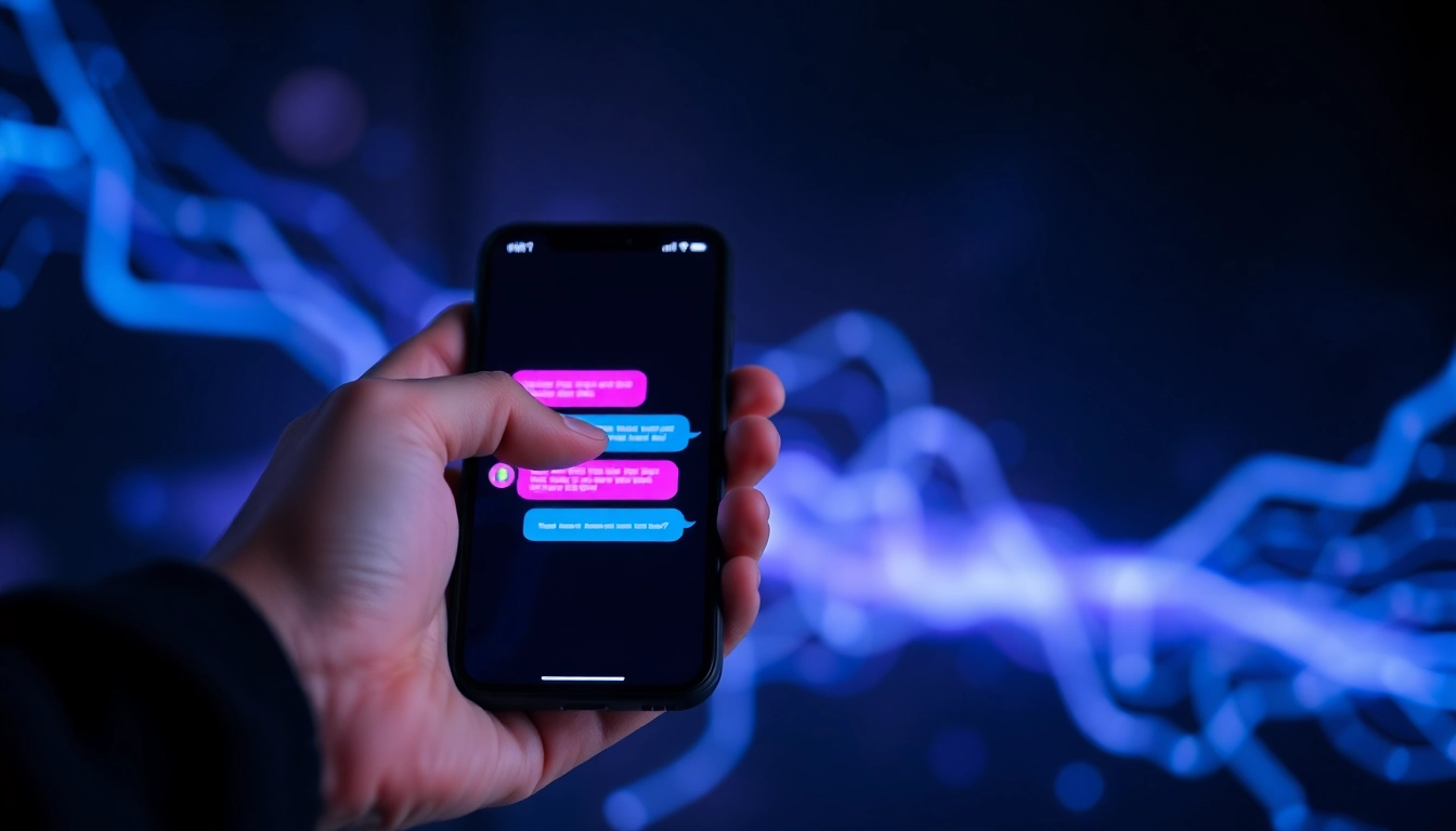 A person using a smartphone with a chatbot conversation on a dark digital interface, surrounded by futuristic glowing patterns.