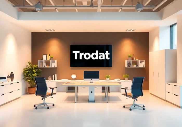 Explore pieczątki online with high-quality Trodat and Colop stamps showcased in a modern office setting.