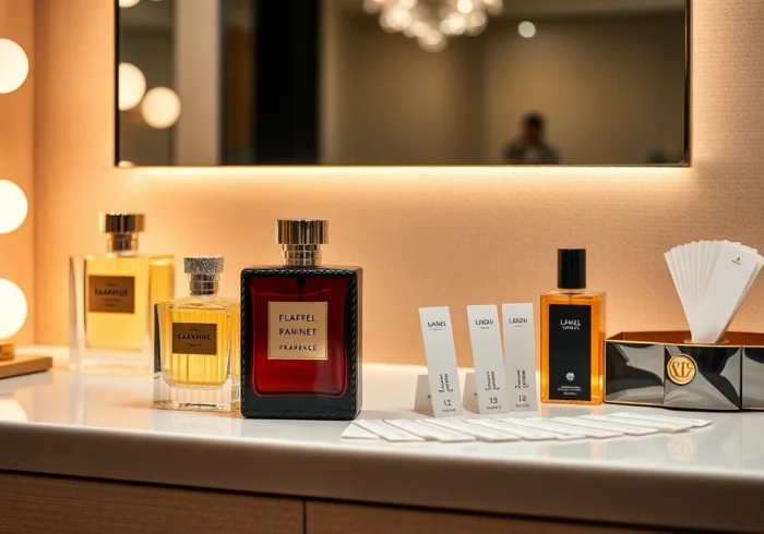 Elegant scene of perfume samples and bottles with parfumproben bestellen call to action,