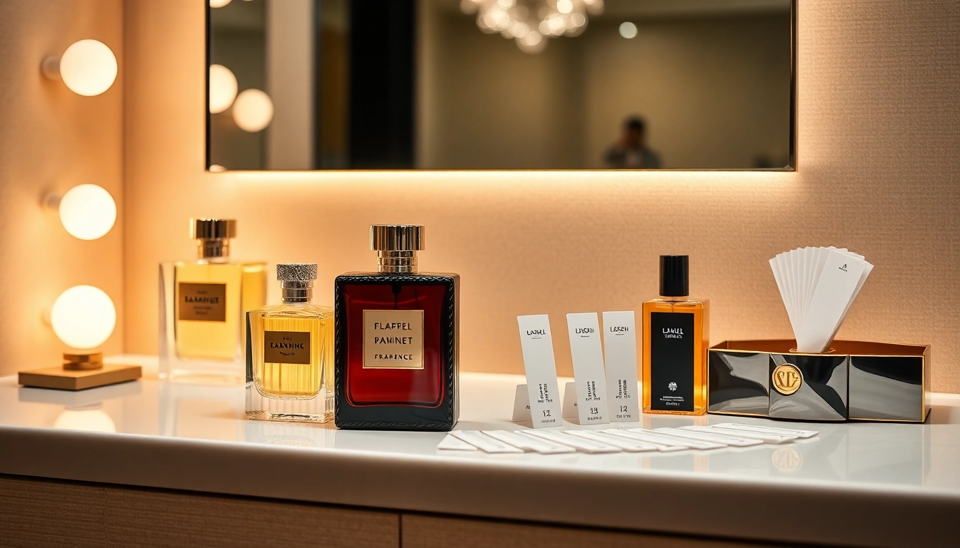 Elegant scene of perfume samples and bottles with parfumproben bestellen call to action,
