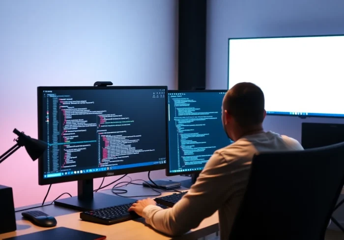 Professional developer coding Node.js applications in a modern workspace to enhance freelance