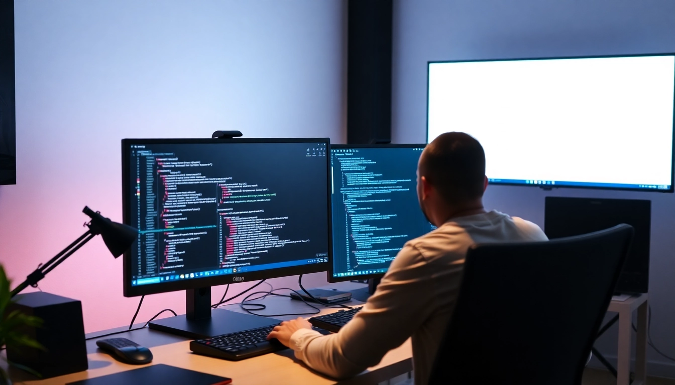 Professional developer coding Node.js applications in a modern workspace to enhance freelance