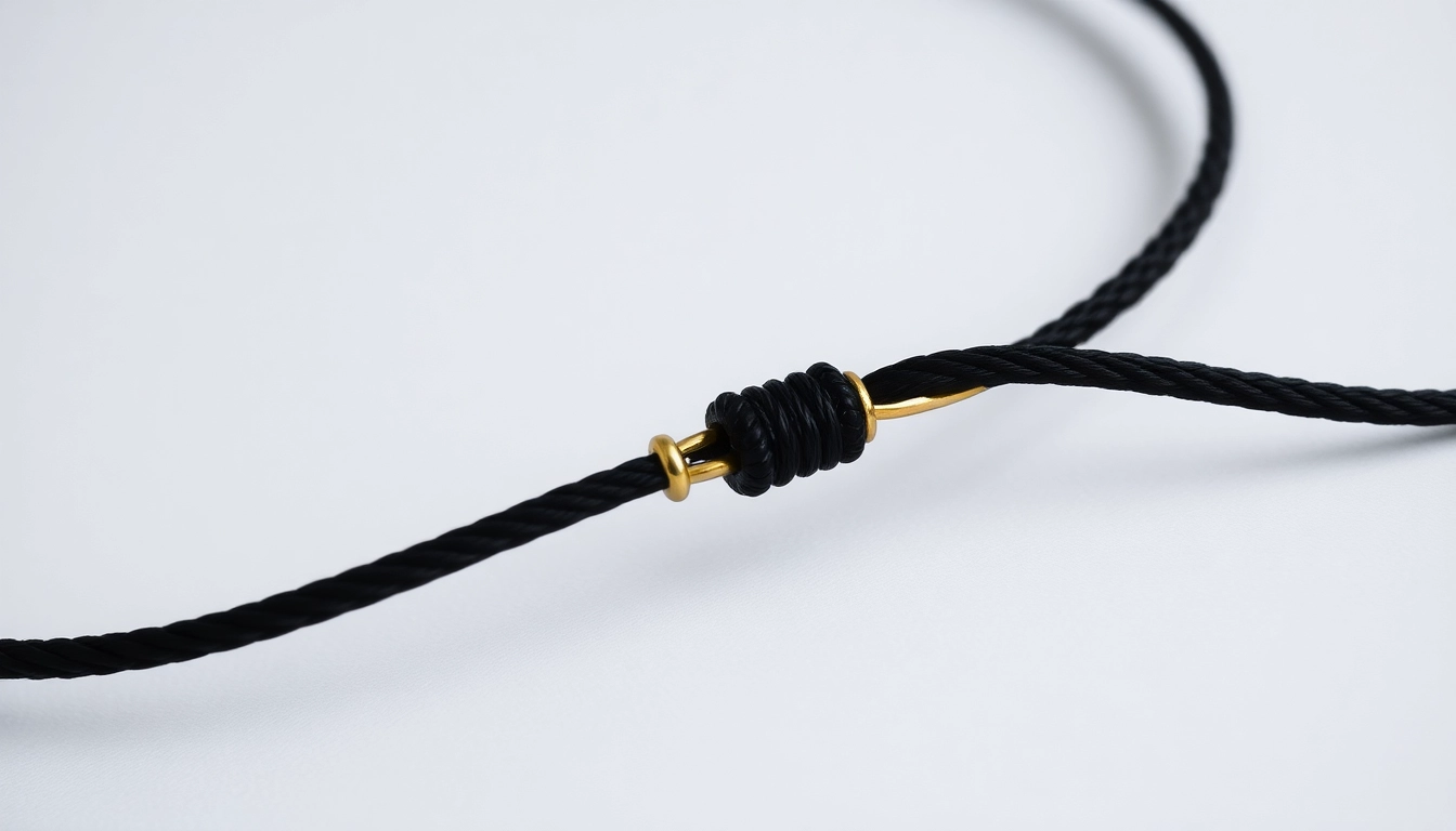 Showcasing a stylish zota bransoletka na sznurku with gold pendants on a black cord,