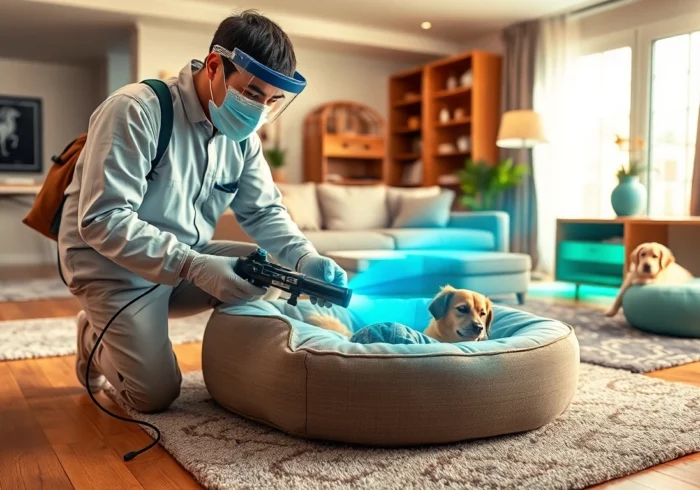 Pest control technician inspecting a pet bed with UV lamp in a clean, pet-friendly home environment