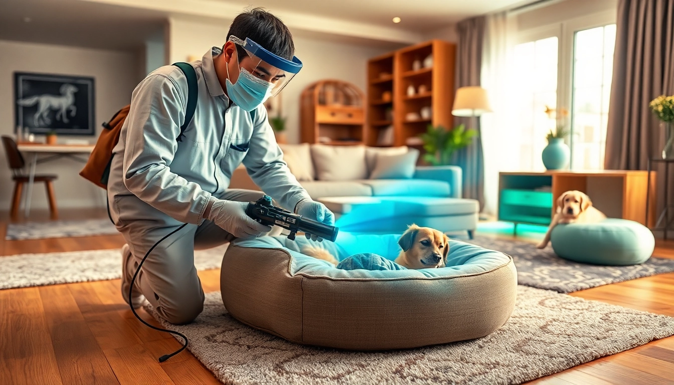 Pest control technician inspecting a pet bed with UV lamp in a clean, pet-friendly home environment