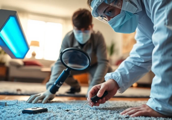 Professionele ongediertebestrijder die een woning inspecteert op vlooien