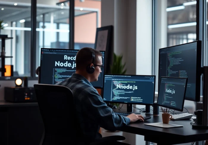 Freelance developer working on Node.js project in modern workspace to boost project efficiency