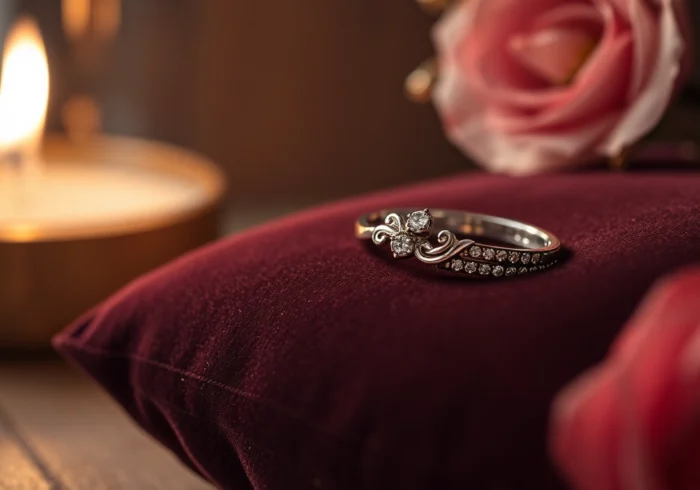 Elegant suzadetuviu ziedai showcasing sparkling diamonds on a velvet cushion, emphasizing