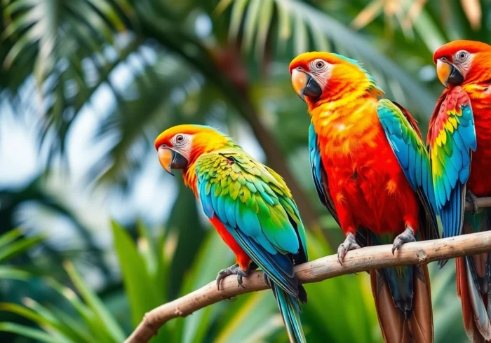 Parrots actively feeding in a vibrant tropical forest setting demonstrating their bright