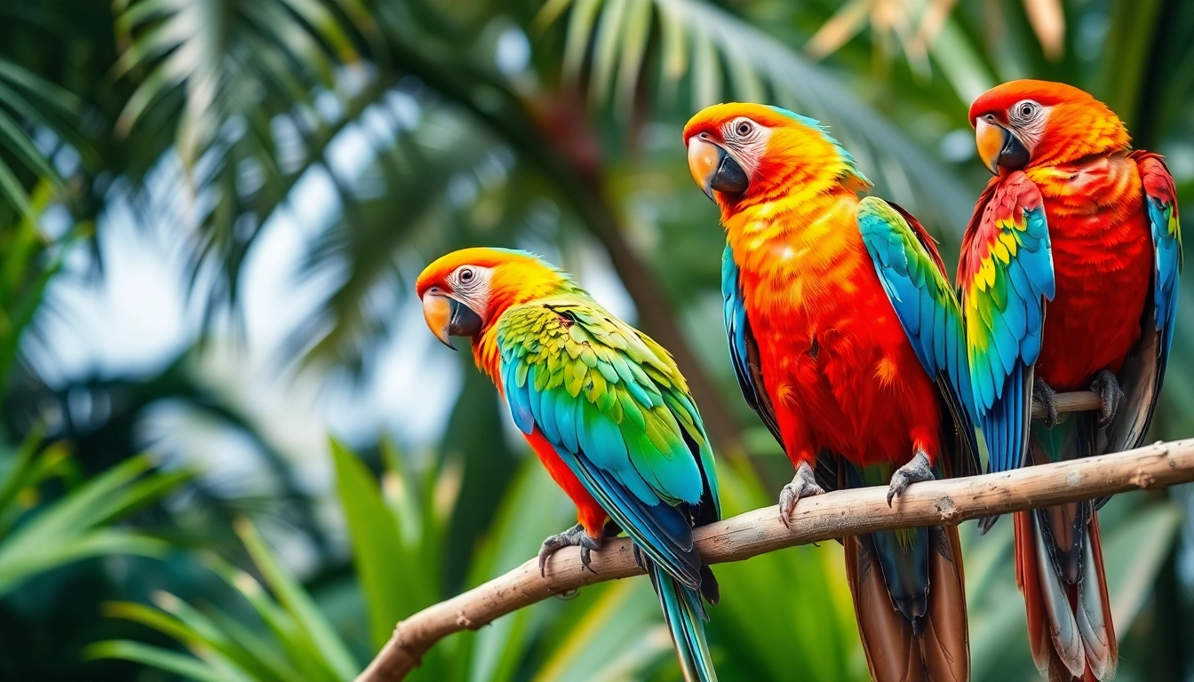 Parrots actively feeding in a vibrant tropical forest setting demonstrating their bright
