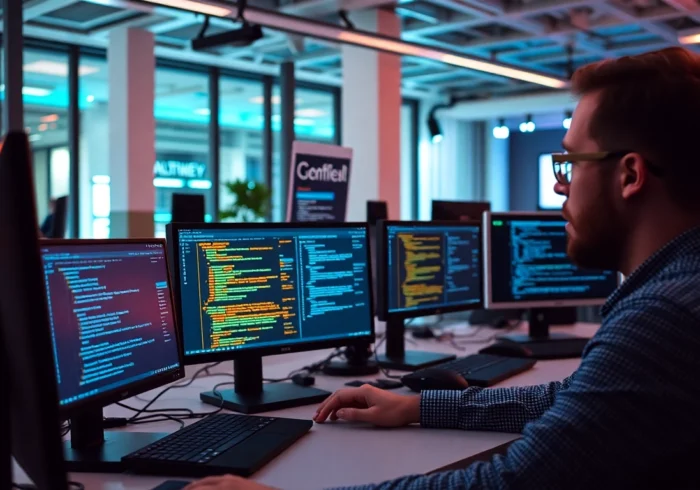 Node.js developer working on server-side application in a sleek modern workspace, showcasing