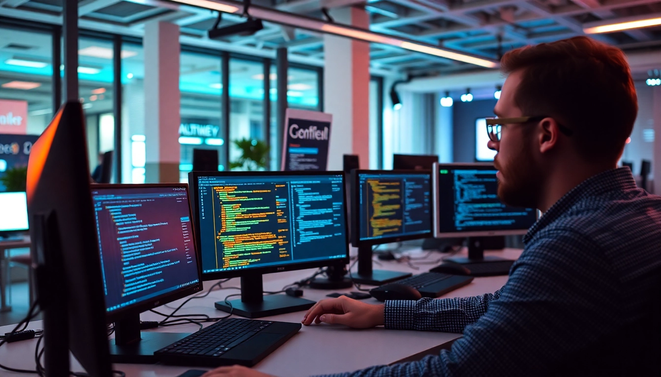 Node.js developer working on server-side application in a sleek modern workspace, showcasing