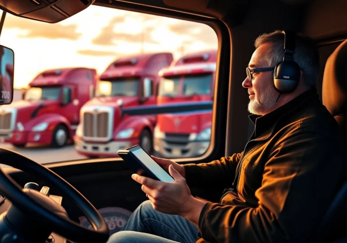 Trucker reviews analyzing truck features and performance in a busy truck yard for better