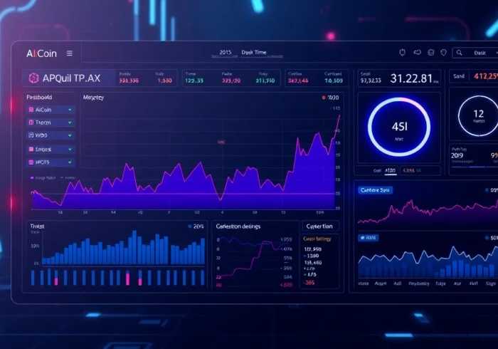 High-tech AICoin trading dashboard showcasing live market charts and AI analytics for investors