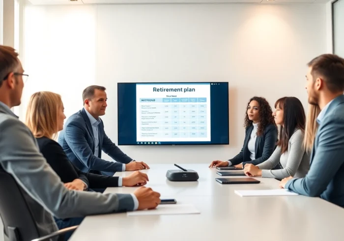 Professionals analyzing group retirement services options during a strategic meeting to enhance
