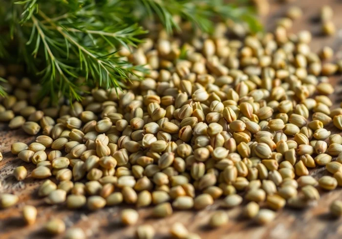 Dill Seeds in high-resolution, showing their textured grains and greenish-brown color for